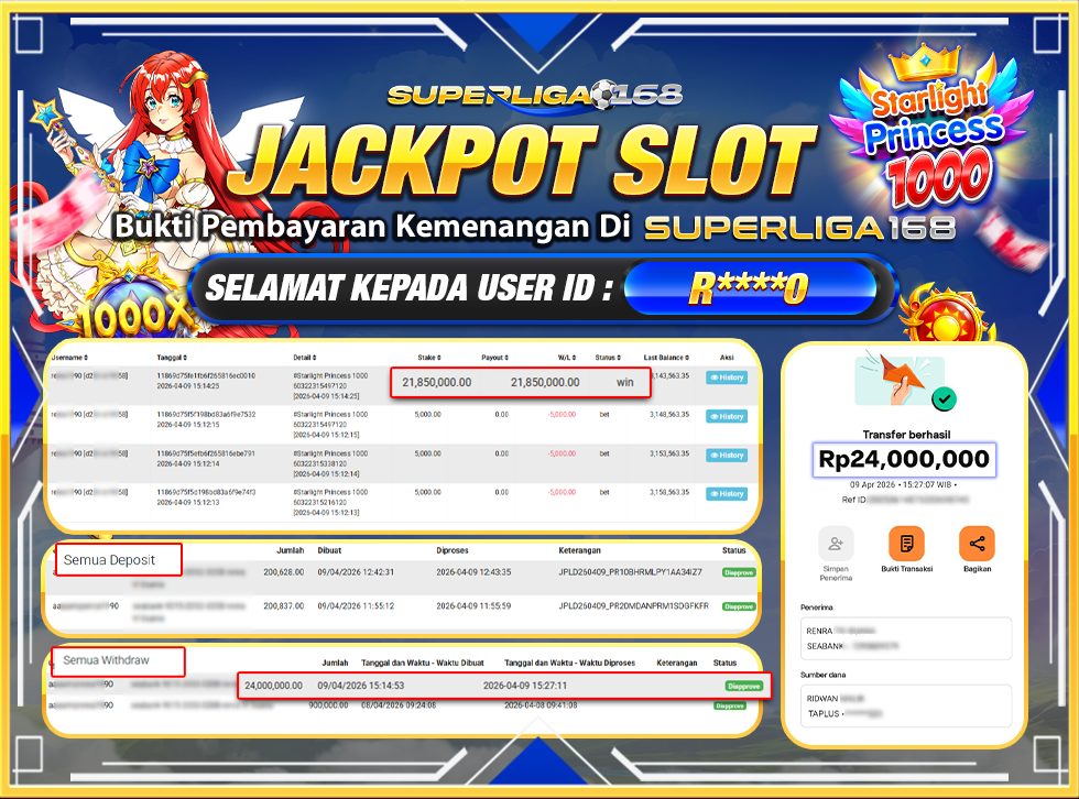 SUPERLIGA168 JACKPOT STARLIGHT PRINCESS 1000 Rp.24,000,000,LUNASSS